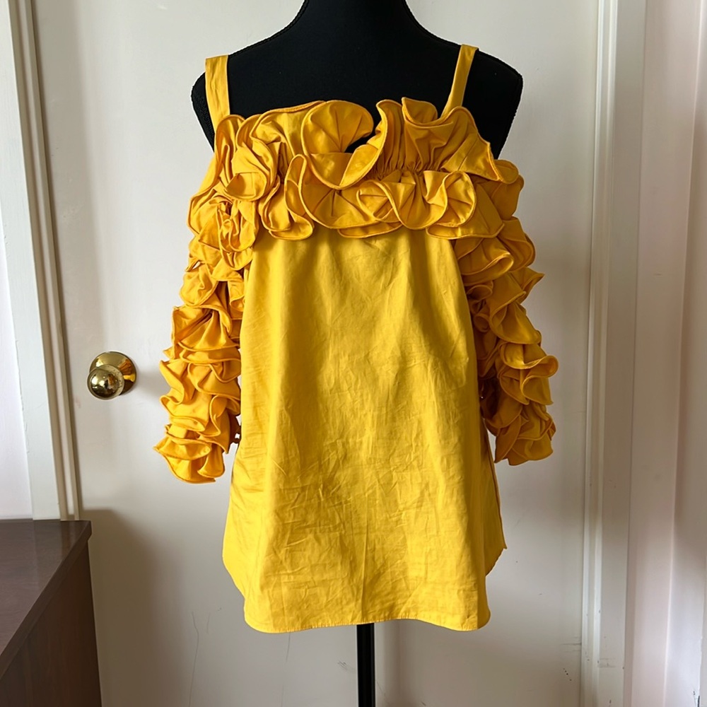 💕Amanda Uprichard Yellow Cotton Ruffle Statement Sleeve Tunic M EUC